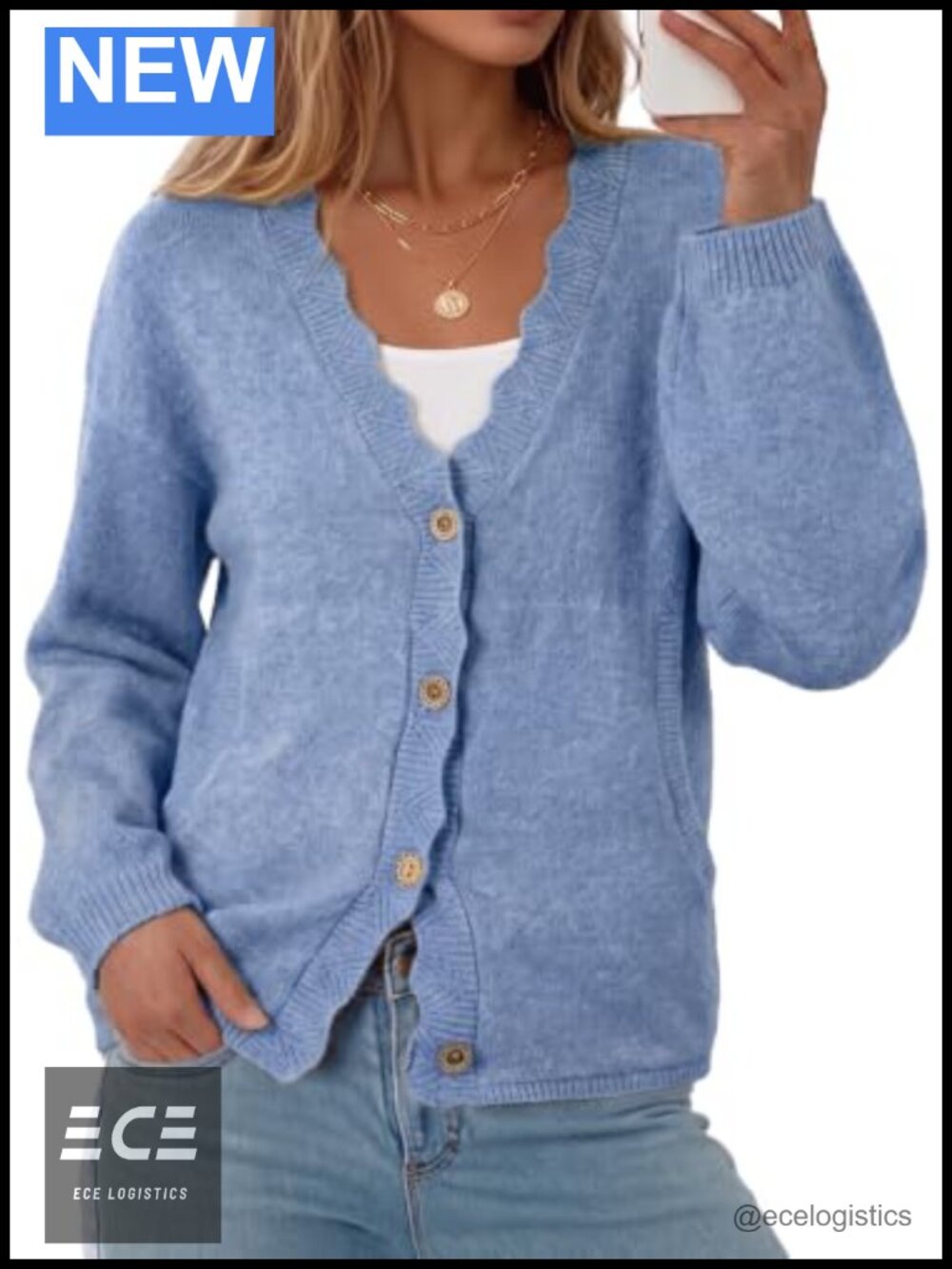Oversized Button Up Knit Cardigan with Pockets Ruffle Edge